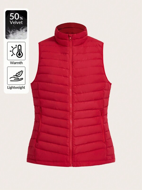 SHEIN Essnce Women Solid Color Zipper Front Stand Collar Down& Feathers Vest Jacket, Winter