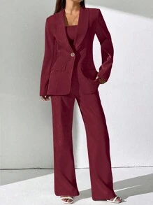 Glamine 女士红色翻领长袖吊带上衣3件套，宽松优雅通勤职场套装，适合秋冬季圣诞节万圣节感恩节情人节新年衣服秋季女装 - 紅色 - 查看 6