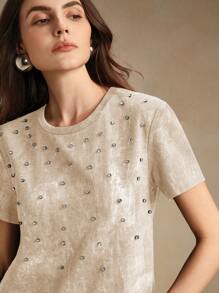 Anewsta 女士都市简约扎染仿旧水晶缀饰黑灰色 T 恤 - 杏色 - 查看 3