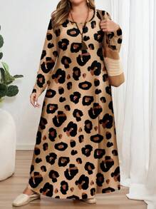 EMERY ROSE Plus Size Leopard Print Long Sleeve Round Neck Dress, Suitable For Autumn/Winter