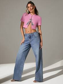 Denimoi White Cropped Top With Rhinestone Bow Detail