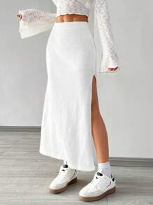 SHEIN EZwear Knitted Slit Elastic Waist Long Casual Skirt For Women - White - View 4