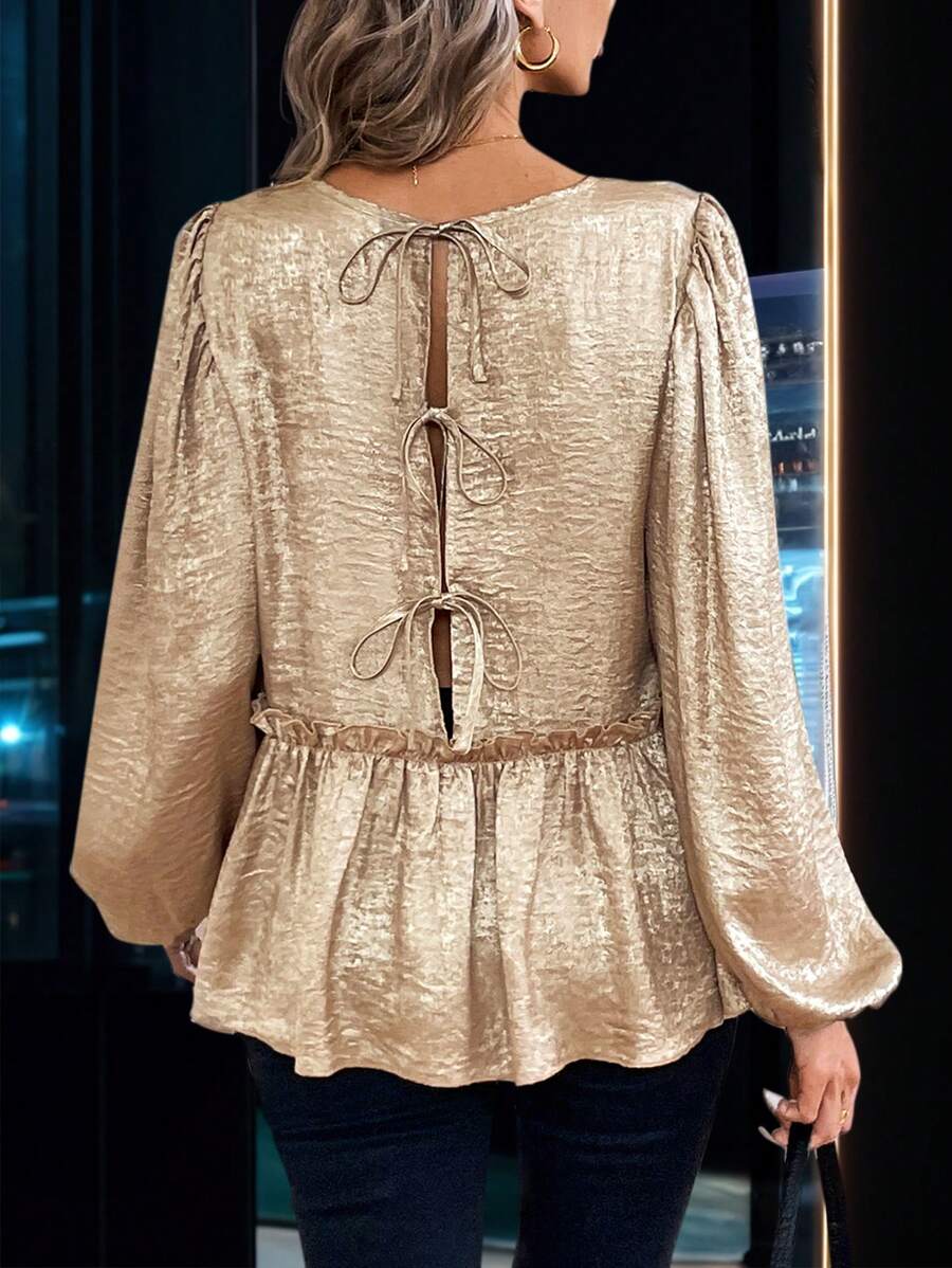 Chiquease Women's Autumn Winter Elastic Cuff Button Up Shirt With Backside Tie