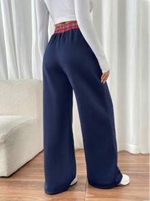 INAWLY Women Patchwork Plaid Slogan Print Elastic Waist Loose Wide Leg Casual Pants