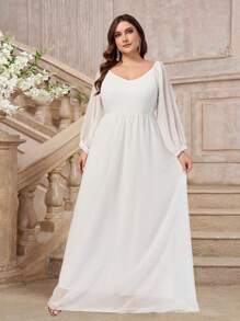 Vestido de Noiva Elegante e Simples de Manga Longa com Decote Tipo Coração, Vestido de Plus Size Branco, Vestido para Chá de Noiva Branco, Noiva