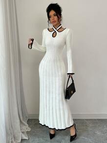 Chiquease Women Contrasting Trim Hollow Out Long Sleeve Long Knitted Sweater Dress, Elegant