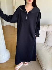 DAZY 休闲拉链加大码海军蓝领休闲连衣裙 - 藏蓝色 - 查看 6