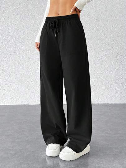 SHEIN PETITE Pantalones sueltos de mujer de unicolor con cintura ajustable, versátiles para hacer deporte