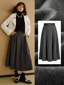 MOTF STUDIO SOLID SLANT POCKET FOLD PLEATED BELTED LONG SKIRT - Grey - View 9
