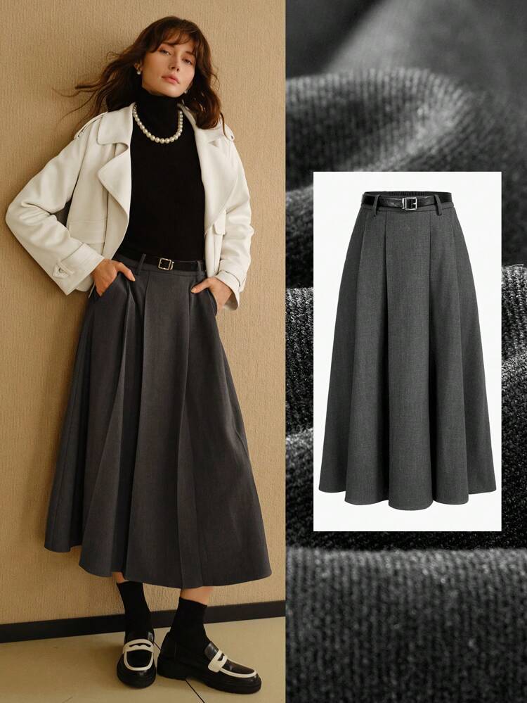 MOTF STUDIO SOLID SLANT POCKET FOLD PLEATED BELTED LONG SKIRT