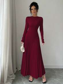 Rafferiza 1 件女士优雅长袖收腰褶皱连衣裙，秋冬酒红色长款女装 - 酒紅色 - 查看 4