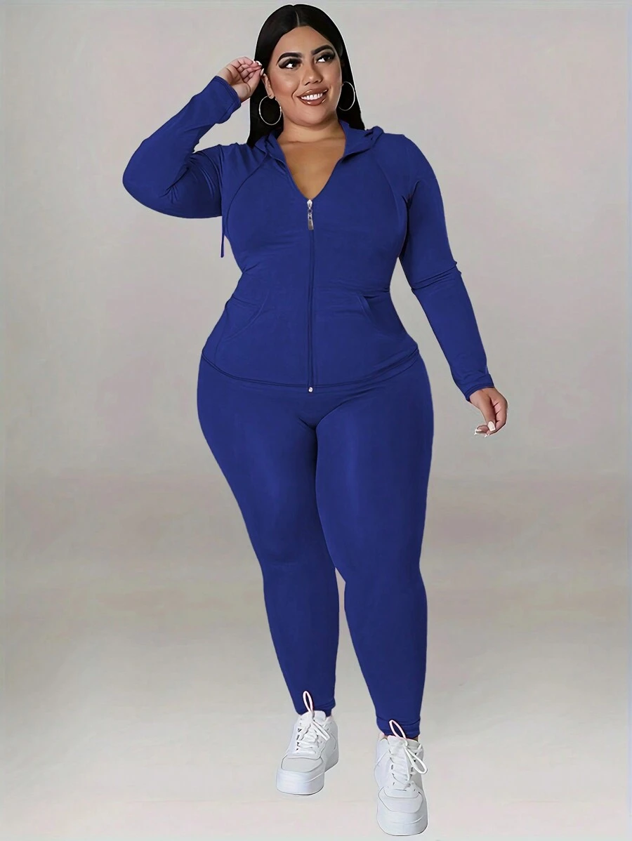 Plus Size Women's Zip Up Hoodie & Jogger Set - Lightweight Workout Outfit With Thumb Holes (Sizes 1X-5X) - 藍色 - 查看 1