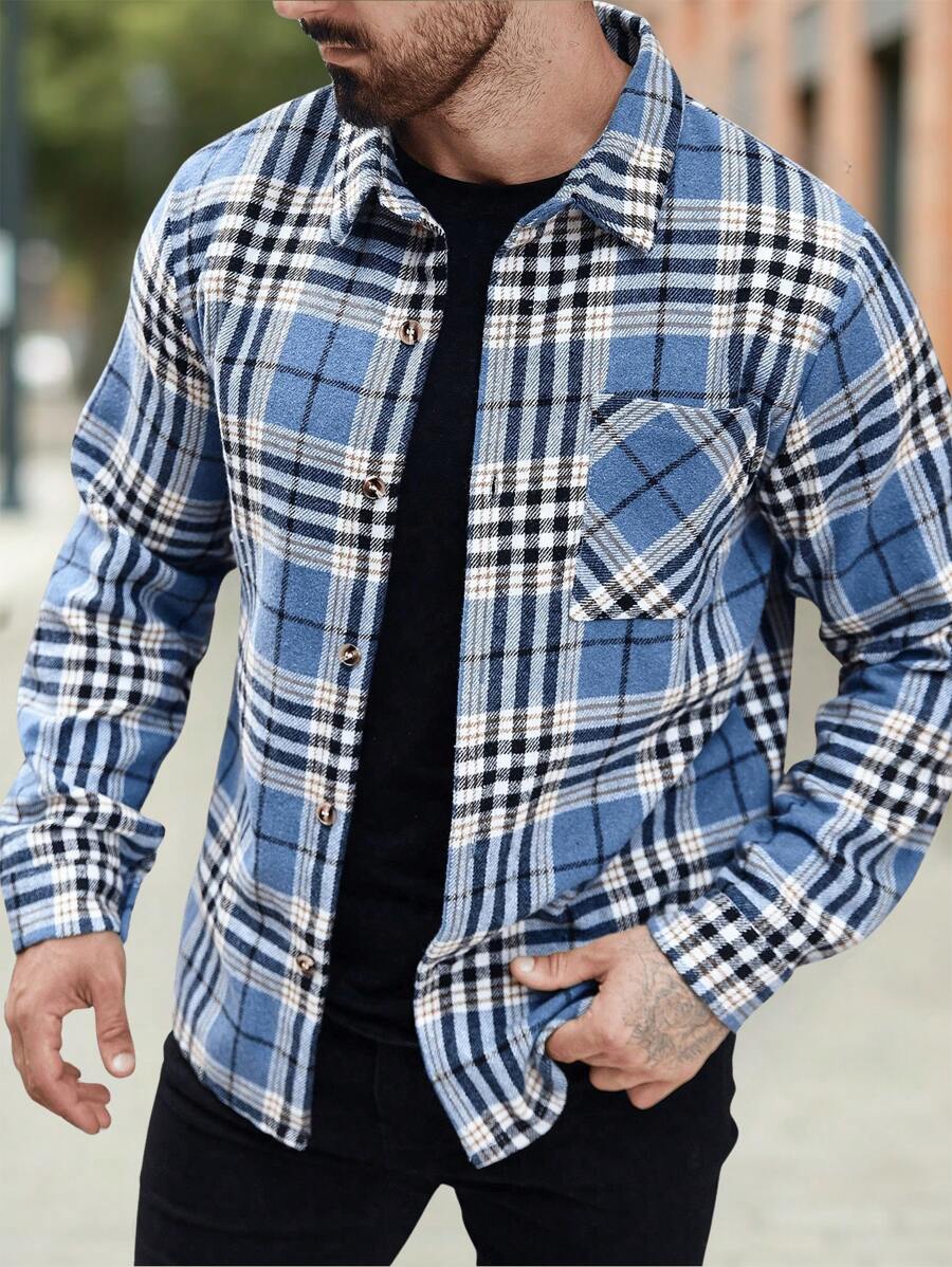 Manfinity Homme Men's Casual Plaid Patchwork Chest Pocket Shacket - Multicolor - View 1