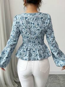 Selianne Women Elegant Jacquard Sweetheart Neck Lantern Sleeve Peplum Top, Spring/Autumn Peplum Top Fall Cloth For Women