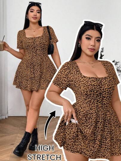 SHEIN EZwear Plus Size Women's Leopard Print Square Neck Short Sleeve A-Line Ruffle Hem High Stretch Knit Bodycon Jumpsuit, Suitable For School, Outdoor Sports, Yoga, Fitness, Casual Everyday Wear
