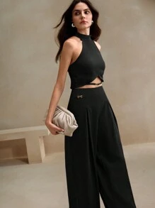 Anewsta 2pcs/Set Urban Minimalist Women Chain Decor Sleeveless Top & Wide Leg Pants Set