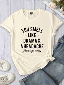 INAWLY Áo thun nữ cổ tròn tay ngắn thoải mái in khẩu hiệu tiếng Anh, mùa hè - Màu be - Xem 3