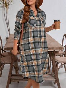 EMERY ROSE 大码休闲格子前排扣衬衫裙，秋季