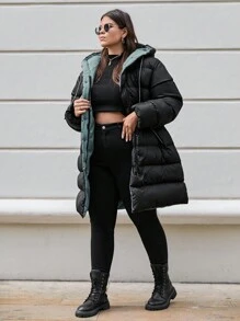 SHEIN Cottnline Plus Women's Pink Lined Puffer Winter Coat With Hoodie - Black - View 6