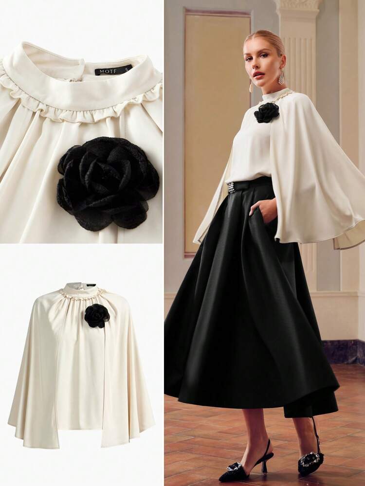 ZEYLAH CONTRAST STEREO FLOWER CAPE SLEEVE MOCK NECK BLOUSE