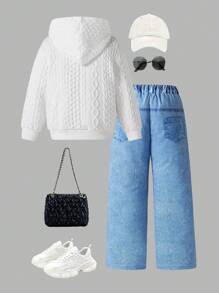 Conjunto de 2 piezas de sudadera con capucha informal y pantalones vaqueros rasgados para niñas, de material suave y de punto suelto, adecuado para otoño/invierno, elegante para uso diario/exterior