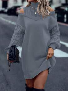 SHEIN LUNE Váy len dệt kim tay dài cổ cao màu trơn rỗng đơn giản đa năng - Màu xám đen - Xem 1