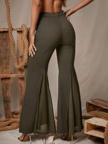 Denimoi Women's Solid Color High Waist Pockets Splicing Mesh Flare Pants, Elegant - Olive Green - View 2