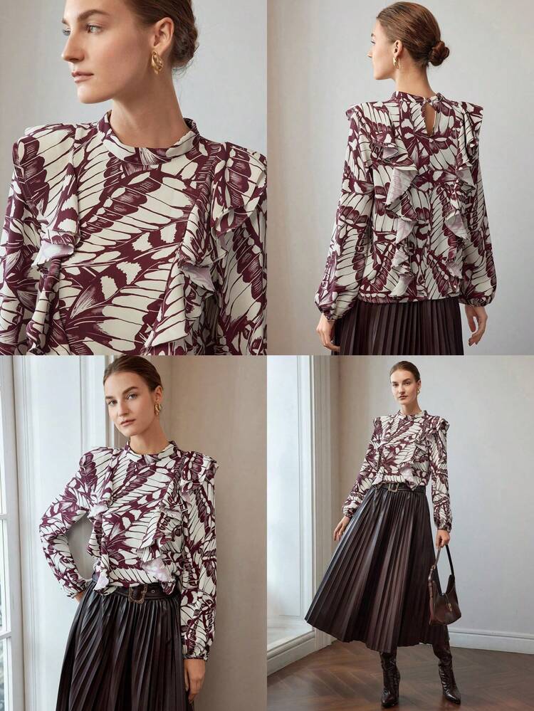 ALLOVER PRINT MOCK NECK LANTERN SLEEVE RUFFLE TRIM BLOUSE