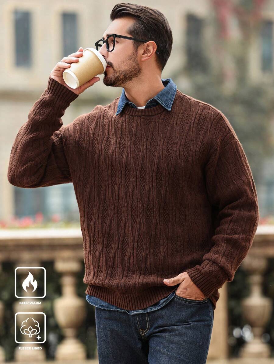 Manfinity Homme Men's Round Neck Drop Shoulder Casual Brown Sweater, Autumn/Winter - Brown - View 1