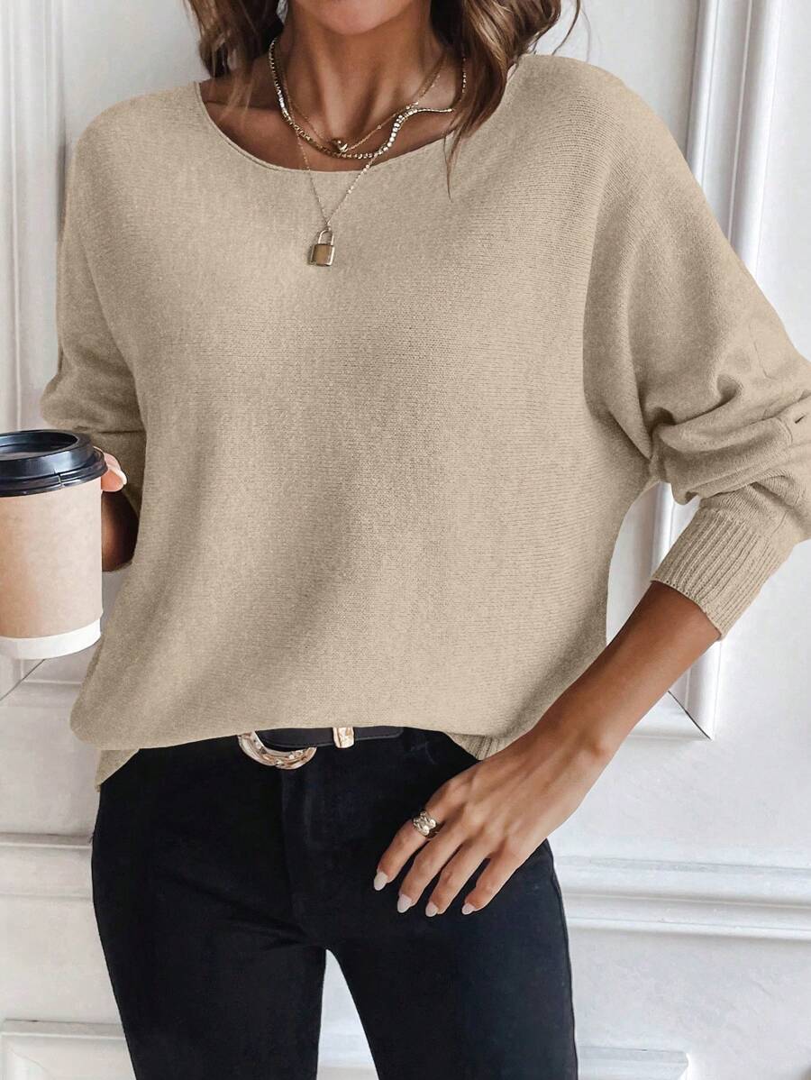 SHEIN LUNE Casual Women Solid Batwing Long Sleeve Loose Knit Sweater For Autumn/Winter Knit Pullover Fall Outfit - Khaki - View 1
