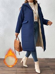SHEIN LUNE Vêtements d'hiver pour femmes grande taille, couleur unie, manteau rembourré à capuche longue, col montant, fermeture éclair intégrale, doublure thermique, style casual