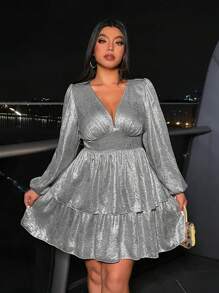 SHEIN Unity Plus Size Women Fashion V-Neck Ruffle Hem Metallic Lantern Sleeve Mini Dress - Silver - View 3