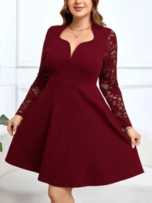 SHEIN Clasi Robe élégante à manches longues avec contraste de dentelle, grande taille, automne