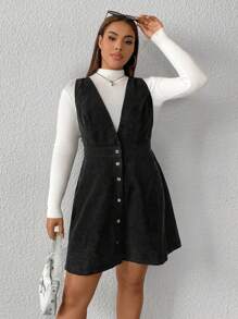 SHEIN EZwear Plus Size Solid Color Sleeveless Front Button Casual Dress, Autumn/Winter