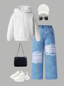 Conjunto de 2 piezas de sudadera con capucha informal y pantalones vaqueros rasgados para niñas, de material suave y de punto suelto, adecuado para otoño/invierno, elegante para uso diario/exterior