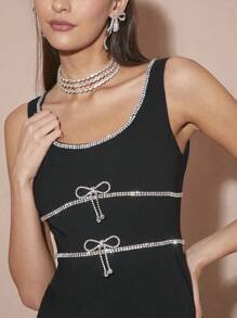 Enchnt 女士优雅夏季水晶镶嵌露背开衩连衣裙 - 黑色 - 查看 3