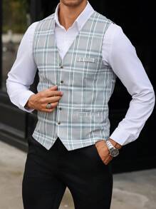 Manfinity Bizformal Men's V-Neck Single-Breasted Casual Plaid Vest