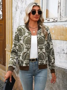 SHEIN LUNE Casual Women All-Over Botanical Print Zip-Up Bomber Jacket, Long Sleeve - Apricot - View 3