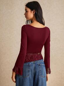 Poéselle Women Clothes, Women Shirts, Women's Fall Clothes Summer Slim Fit Asymmetric Lace Long Sleeve T-Shirt With Hem Splicing And Flutter Design, Halloween Costume Top, All Season Essential, Comfy High Strech Fabric - Burgundy - View 4