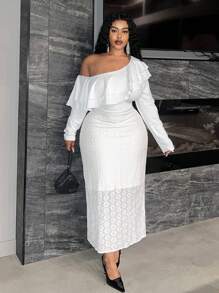 Slaydiva Plus Size Women Elegant Lace Contrast Knitted Dress - White - View 3
