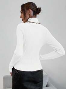 EMERY ROSE Classic Solid High Collar Ribbed Knit Casual Long Sleeve Pullover Sweater, Long Sleeve Top Knit Pullover Fall Winter - White - View 2