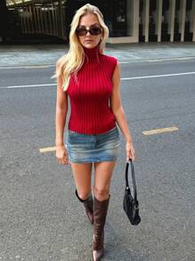 Forever 21 Red Stand Collar Ribbed Knit Fitted Stretchy Sweater Vest, Autumn/Winter - Red - View 7