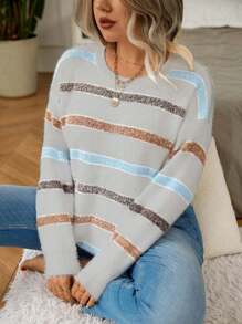 Calvaya 大码休闲日常条纹圆领落肩毛衣，秋冬针织套头衫 - 彩色 - 查看 7