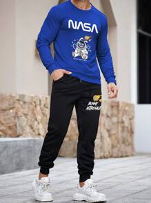 Manfinity Homme 2pcs Men Autumn Letter & Cartoon Print Crew Neck Long Sleeve Sweatshirt And Sweatpants, Casual Set - Blue - View 4