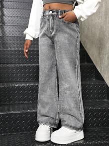 Tween Girl Y2K 街头服饰舒适休闲百搭简约宽松阔腿复古做旧洗水灰色牛仔裤 - 灰色 - 查看 5