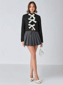 Enchnt Women's Round Neck Long Sleeve Casual Jacket With Front Tie Decoration, Minimalist Style - Black - View 4