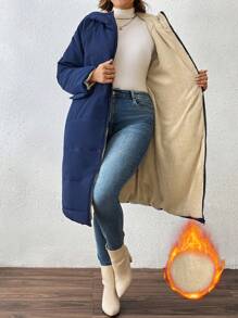SHEIN LUNE Vêtements d'hiver pour femmes grande taille, couleur unie, manteau rembourré à capuche longue, col montant, fermeture éclair intégrale, doublure thermique, style casual