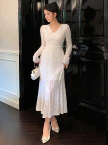 DAZY Women V-Neck Front Button Lace Patchwork Long Sleeve Dress,Ruffle,Fall Dress Prom Dress Elegant Women Dresses - White - View 2