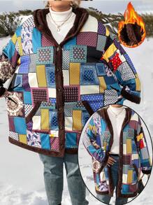 SHEIN CURVE+ Plus Size Christmas Hooded Fleece Jacket, Autumn/Winter - Multicolor - View 6