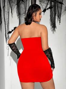 Flirla Plus Size Solid Color Lace Patchwork Strapless Sexy Sleeveless Dress - Red - View 2